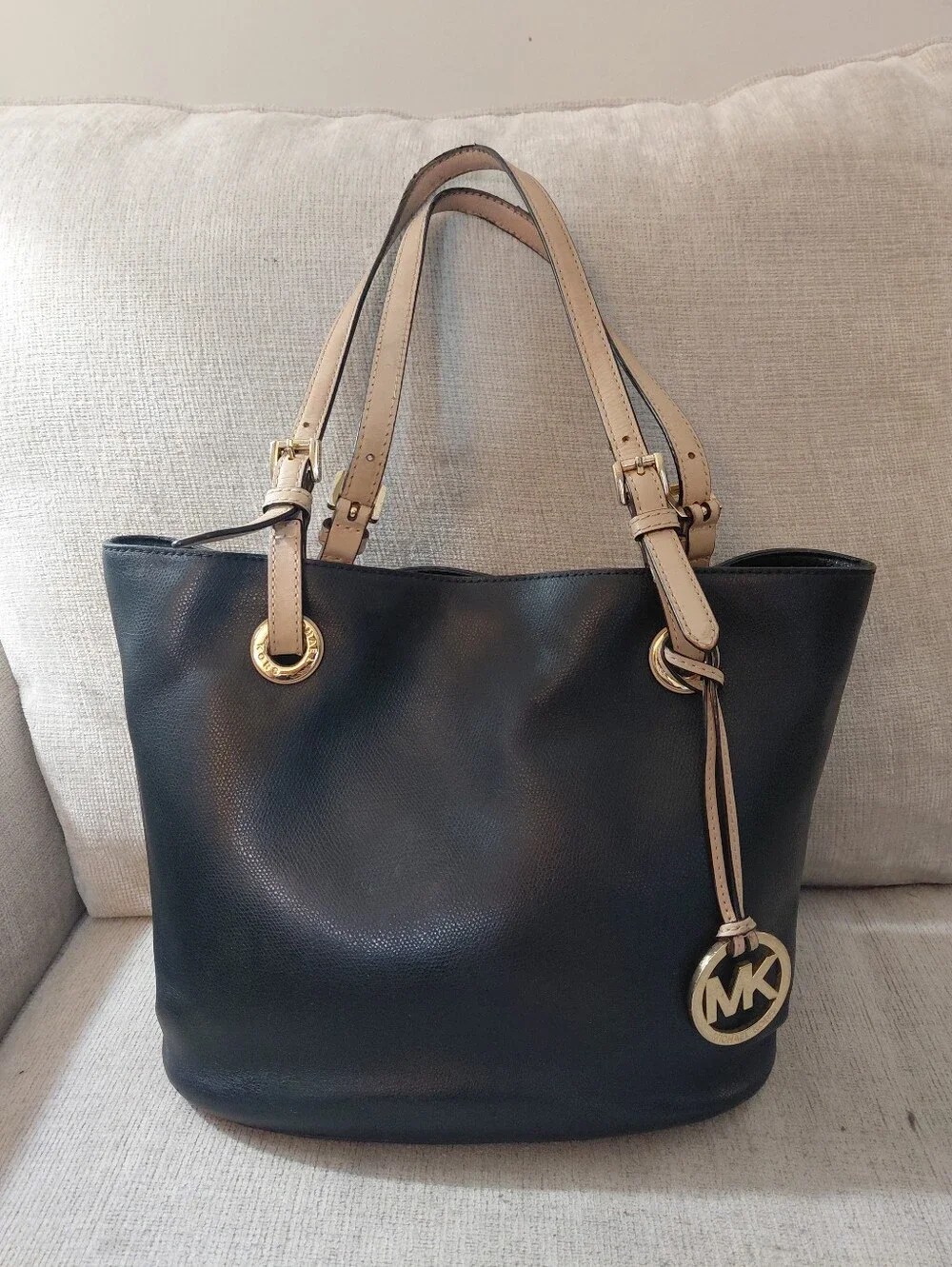 Michael Kors Black Leather Tote Shoulder Bag with Gold Emblem